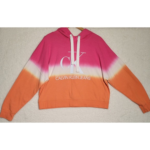 Calvin Klein Jeans Sweatshirt Large Dip Dye Hoodie Orange Pink Crop Top 0257 - Picture 1 of 10